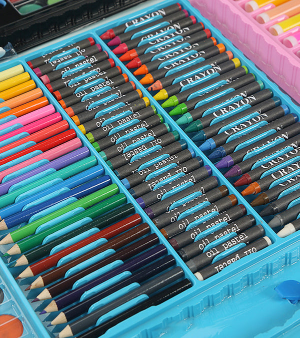 Colorful assortment of art supplies in the Deluxe Childrens Stationery Artist Painting Gift Box.