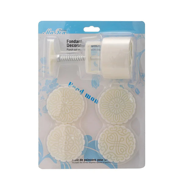 Hand Press Pastry & Mooncake Mold Set including molds and press for easy dessert decoration.