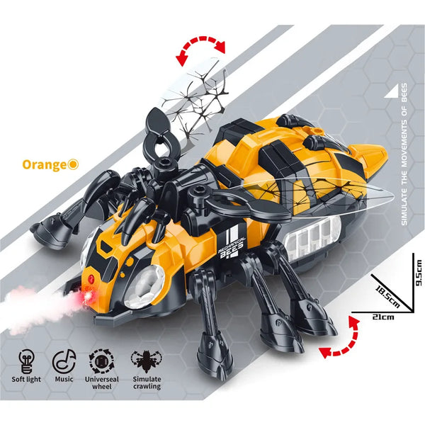 Remote Control STEM Robot Bee Toy with Spray in orange color, showcasing features like sound and movement.