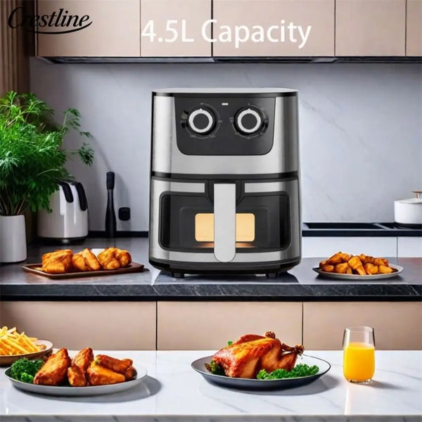 4.5L Stainless Steel Square Oil-Free Air Fryer on kitchen counter with crispy food.