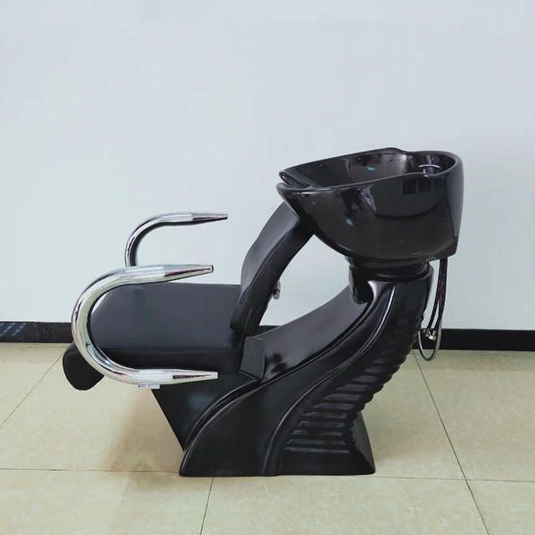 Reclining Salon Shampoo Chair with Ceramic Basin in sleek black design featuring chrome accents.