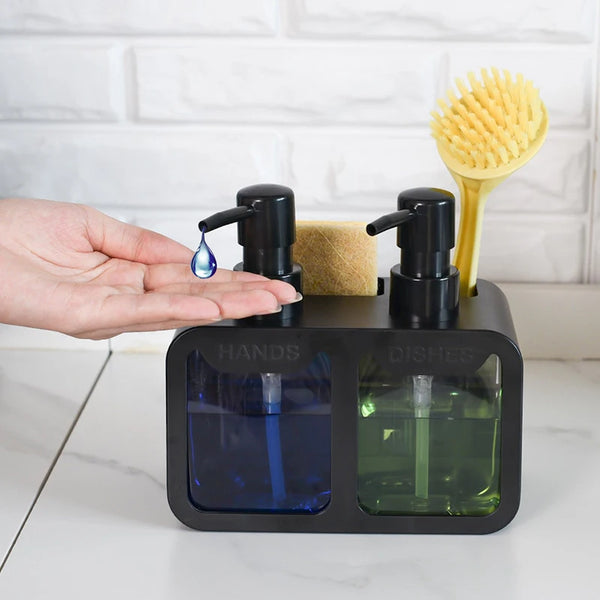 Waterproof Durable Portable Dispenser with blue and green soap bottles and cleaning accessories on a countertop.