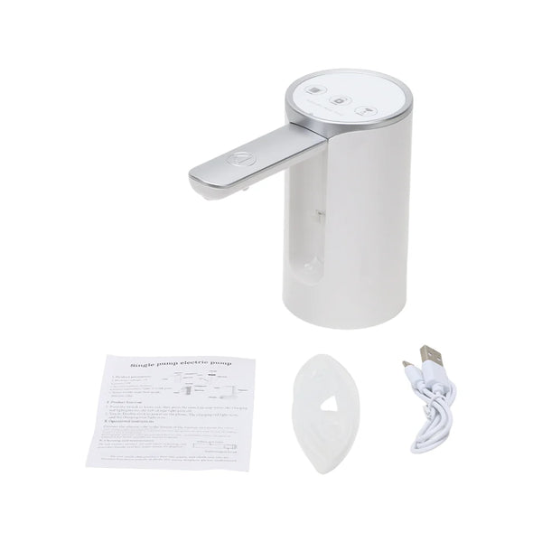 Portable Desktop Water Dispenser Pump with USB charging cable and user manual on a white background.