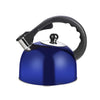 Stainless Steel Whistling Flat Bottom Kettle in blue with a black handle for easy boiling.