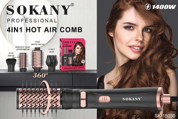 4 in 1 Hot Air Brush Styler by SOKANY, featuring multiple attachments for drying, styling, and curling hair.