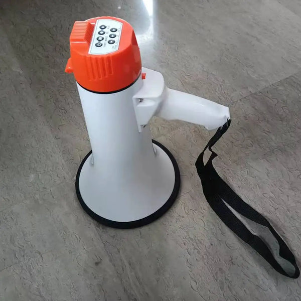 Handheld Power Megaphone 50W shown from the side with bright orange top and speaker base on a flat surface.