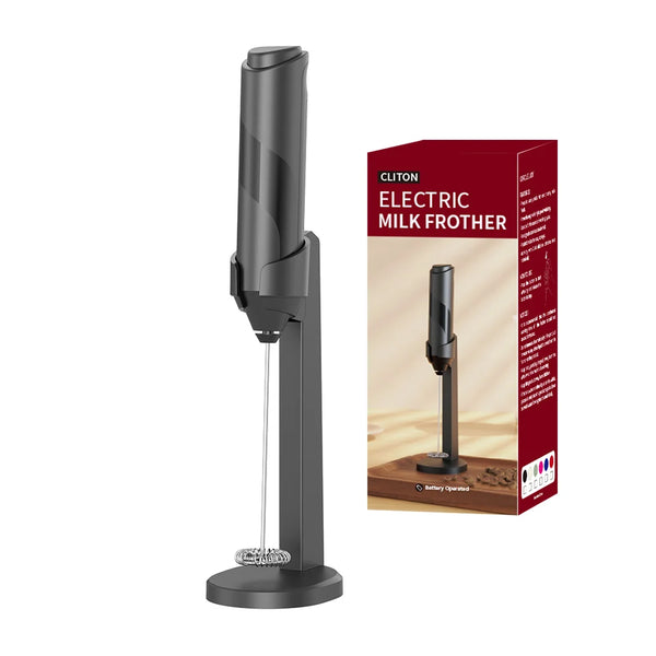 Electric Handheld Milk Frother displayed with black color and stand, perfect for making creamy foam at home.