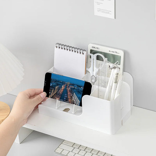 Plastic Stackable Office Desk Organizer with phone holder, stationery, and notepad in a clean workspace setting.