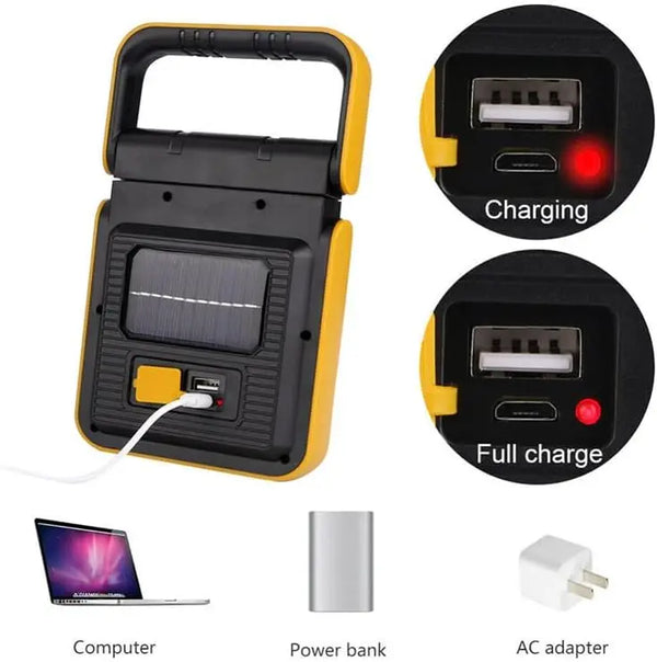 Solar LED Work Light Rechargeable Waterproof with charging indicators and solar panel for outdoor use.