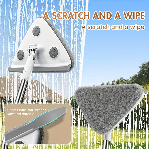 Extendable Window Cleaning Tool with a triangular scrubber and soft scraper for effective window cleaning.