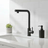 Matte Black Single Handle Kitchen Sink Faucet with high-arc design and pull-out sprayer in modern kitchen.