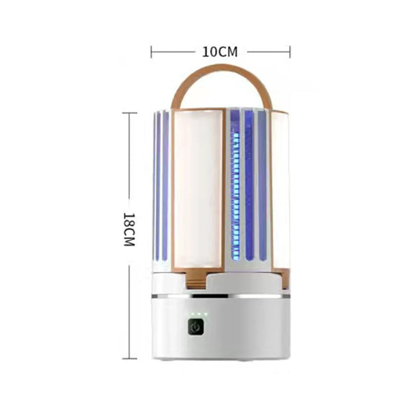 Rechargeable LED Mosquito Killer Lamp and Lantern with UV light and measuring 10cm x 18cm, portable design.