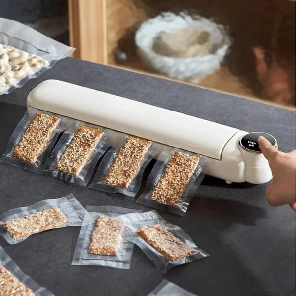 Portable Mini Food Vacuum Packing Organising Sealer in use with vacuum-sealed snack bars on a kitchen counter.