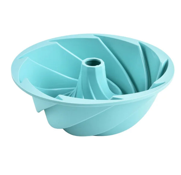 Silicone Spiral Chiffon Cake Mold in teal color, designed for elegant baking without sticking.