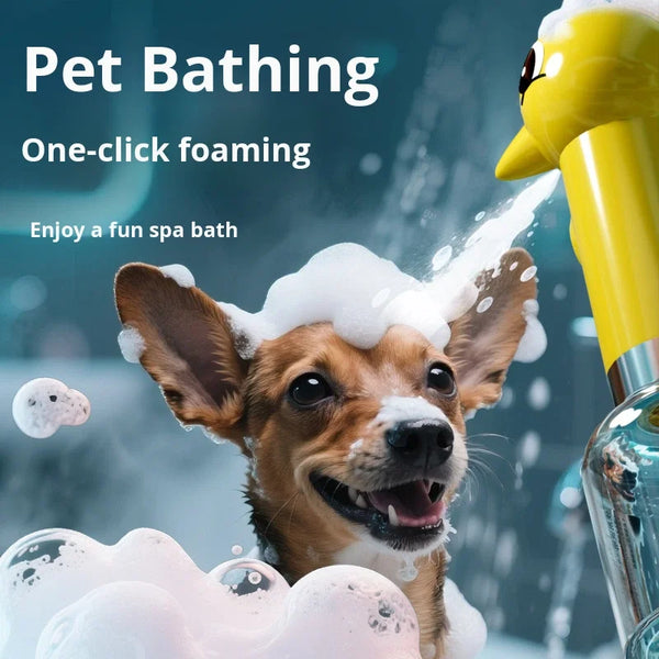 Dog enjoying a bubble bath with the ABS Pet Bubble Machine for Cats and Dogs.