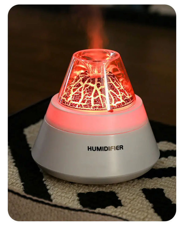 USB Mini Volcano Humidifier emitting mist with colorful light, enhancing air quality in a cozy space.