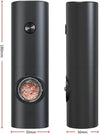 Electric Salt & Pepper Grinder Set showing a sleek black design with adjustable grind settings and transparent view window.