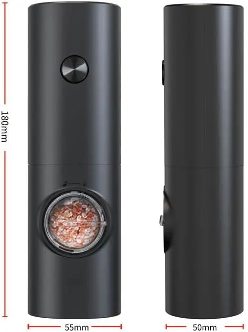 Electric Salt & Pepper Grinder Set showing a sleek black design with adjustable grind settings and transparent view window.