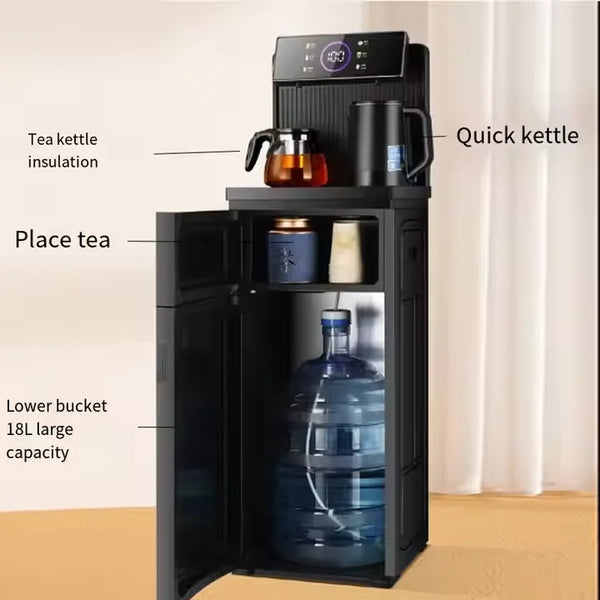 Tea Bar Hot & Cold Automatic Kitchen Beverage Machine showing features like quick kettle and large capacity water bucket.