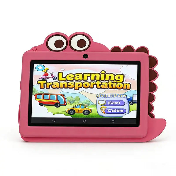 Q8 7-Inch Android 12 Kids Tablet displaying a colorful educational game on transportation.