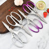 Multi-Function Stainless Steel Kitchen Scissors displayed in silver and purple on a countertop.