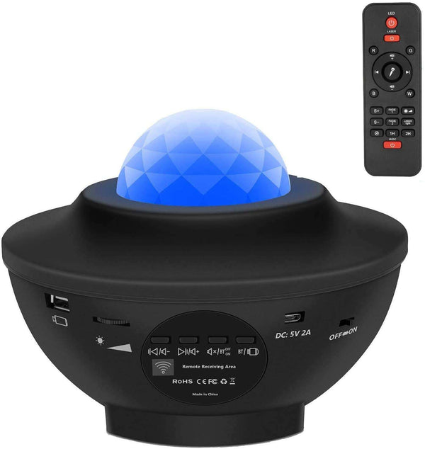 Star Night Light Projector with Bluetooth Speaker showcasing blue star projection and remote control.