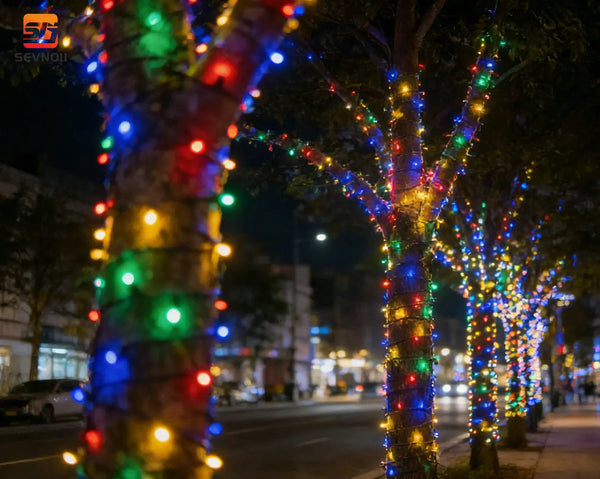 5m 240 LED Colourful Waterproof String Light illuminating trees in a vibrant, festive nighttime setting.