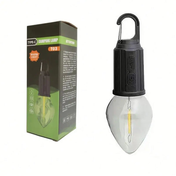 Portable Warm Light Bulb Torch in packaging with a hook, ideal for camping and outdoor lighting.