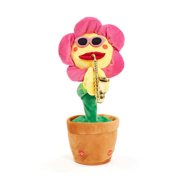 English Singing Dancing Cactus Plush Toy playing a saxophone in a pot, entertaining with music and movement.