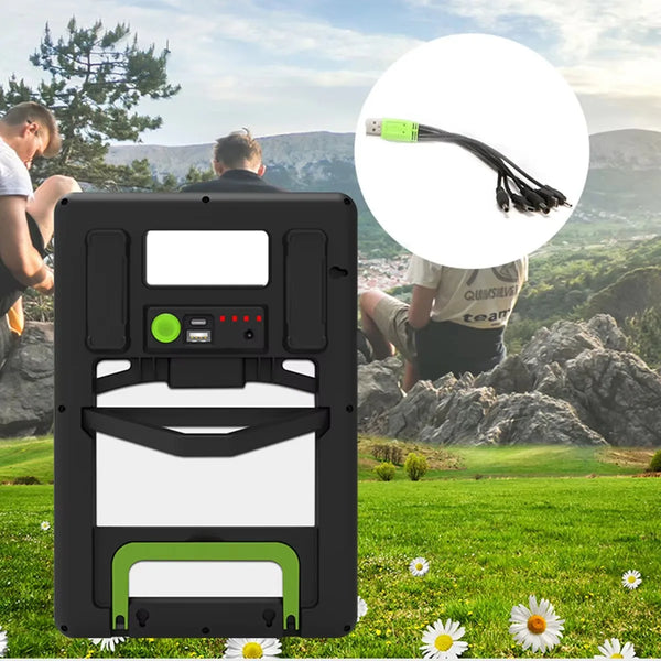 IP65 LED Portable Mini Solar Panel Light with solar charging cables, perfect for outdoor activities and emergency use.