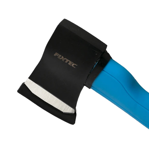 Close-up of a 600g Ergonomic Camping Hatchet with black blade and blue fiberglass handle, ideal for outdoor use.
