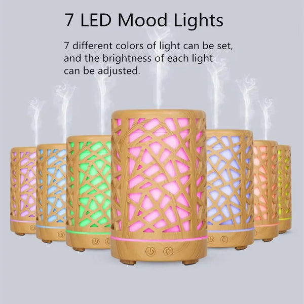 200ml Automatic Electric Plastic Aroma Diffuser displaying 7 LED mood lights and various colors.