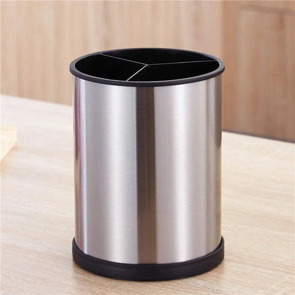 360 Rotating Stainless Steel Utensil Holder on a wooden countertop, featuring compartments for an organized kitchen.