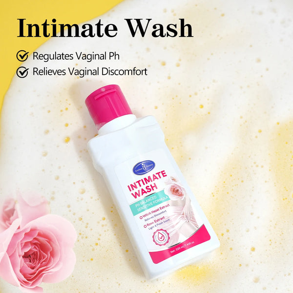 Natural pH Balanced Rose Intimate Wash in a clean setting with a rose, promotes vaginal pH regulation and relief from discomfort.