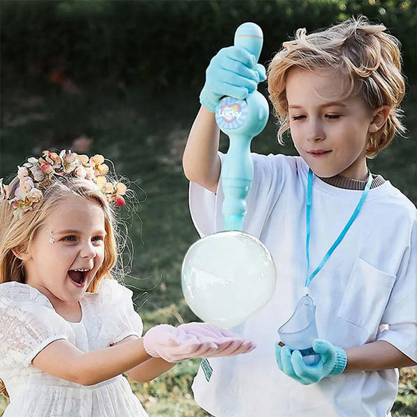Kids enjoying the Elastic Magic Wand Smoke Bubble Machine, creating magical mist-filled bubbles outdoors.