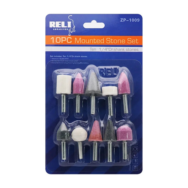 10Pcs Ceramic Abrasive Stone Mounted Grinding Set featuring ten versatile mounted stones for grinding and polishing.