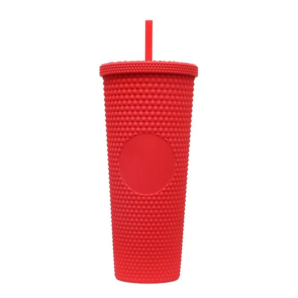 Large Capacity Eco-Friendly Durian Straw Cup in bright red with textured surface and matching straw.
