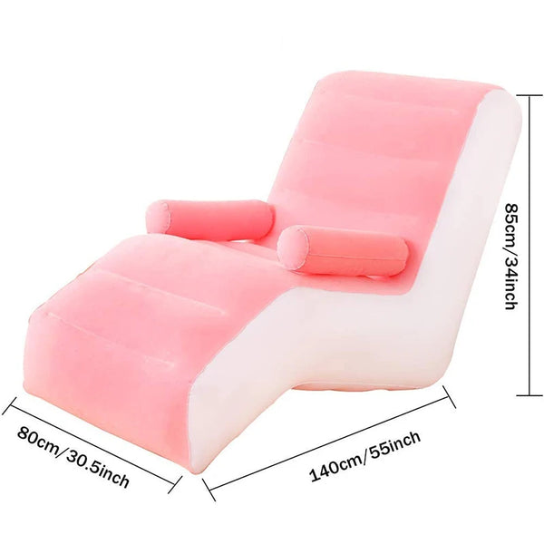 Inflatable Chaise Lounge Folding Lazy Floor Chair in pink with armrests, dimensions 140cm x 80cm x 85cm.