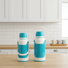 Two 3.2L Large Capacity Double-Wall Vacuum Flasks in vibrant blue color on a kitchen counter.