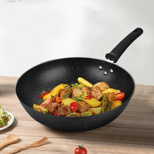 32cm Non-Stick Carbon Steel Iron Wok filled with colorful stir-fried vegetables and meats on a wooden table.