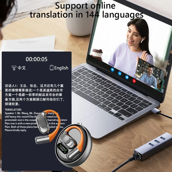 AI Instant Multi Language Real Time Translation Earbuds for seamless communication in multilingual video calls.