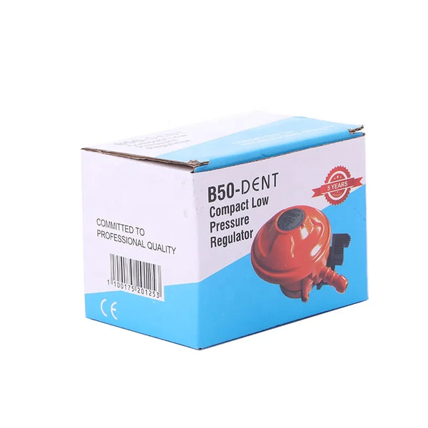 28mbar LPG Gas Regulator with Shutoff Valve packaging box, compact low pressure regulator.