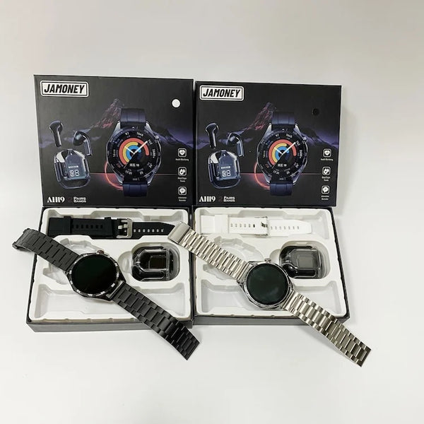 AH19 Smart Connected Watch with Wireless Earphones displayed in packaging with multiple bands and earphones.