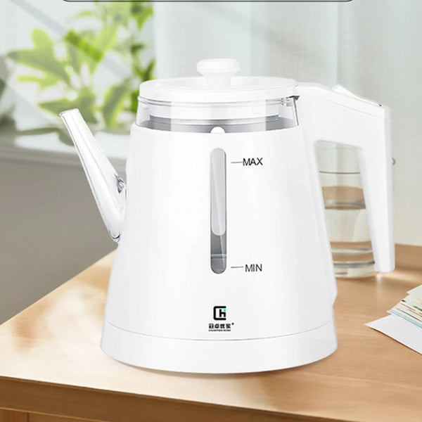 Borosilicate Double Wall Glass Electric Kettle with a sleek white design and water level indicators.