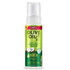 Strong Hold Shine Hair Mousse bottle featuring olive oil and coconut oil for natural curls and frizz control.