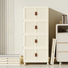 Foldable Stackable Storage Wardrobe Cabinet displayed in a modern room with white walls and wooden accents.
