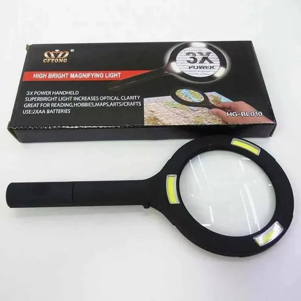 Handheld Magnifying Glass with LED Light showcased with packaging, highlighting 3X power for better visibility.