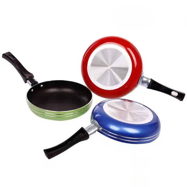 Non Stick Aluminum Mini Round Frying Pan in green, red, and blue colors stacked together showcasing their sleek design.