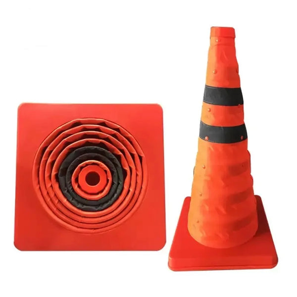 Collapsible Reflective Traffic Safety Cone displayed with its collapsible base for easy storage and transportation.