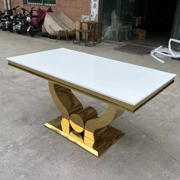 White MDF Table Top Modern Luxury Gold Legs Dining Table with elegant gold base in a contemporary setting.
